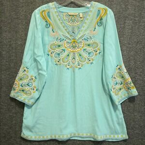 Soft Surroundings River Island Embroidered Tunic Top Women M Aqua Boho Peasant